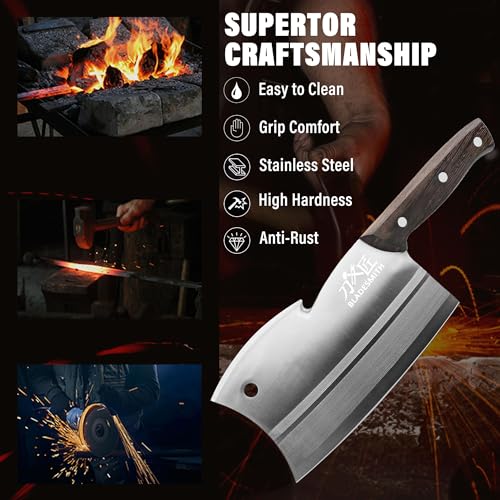 BLADESMITH Meat Cleaver Bone Chopper Knife, 6.3'' Stainless Steel Blade with Pear Wood Handle Q434
