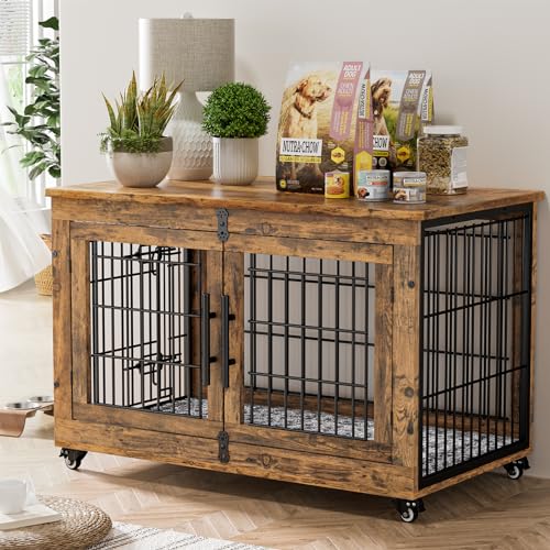 Lulive Dog Crate Furniture for Medium Dogs, 32" Wooden Kennel with Cushion & Wheels, Grey D230281