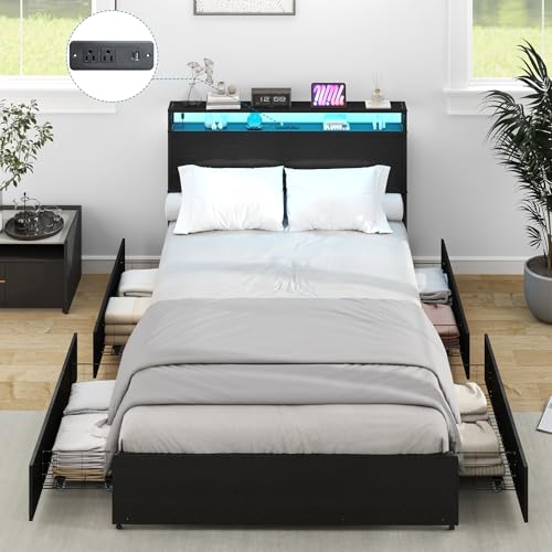 Full Size Bed Frame with Headboard, LED Lights, 4 Storage Drawers, Charging Station, Black C93321