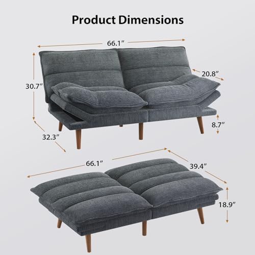 Pipishell Convertible Futon Sofa Bed, 66" Corduroy, Grey L81220