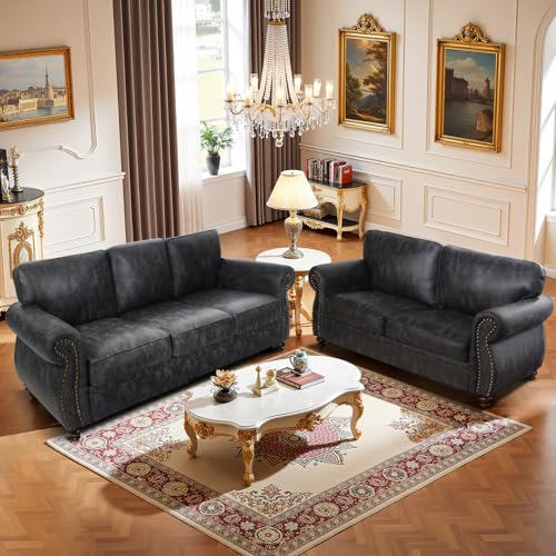 Mid-Century 3-Seater Sofa with Rivet Design, Removable Cover and Solid Wood Frame I150