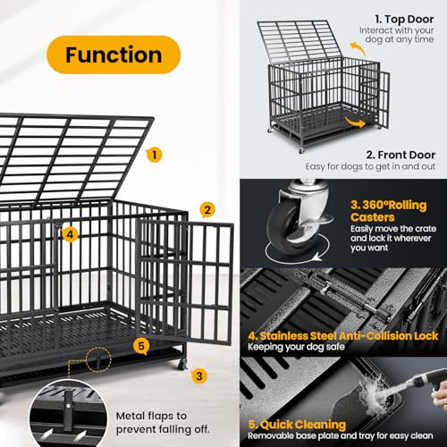 Oranland 48 inch Heavy Duty Dog Crate for Large Dogs, Double Door with Wheels J273901
