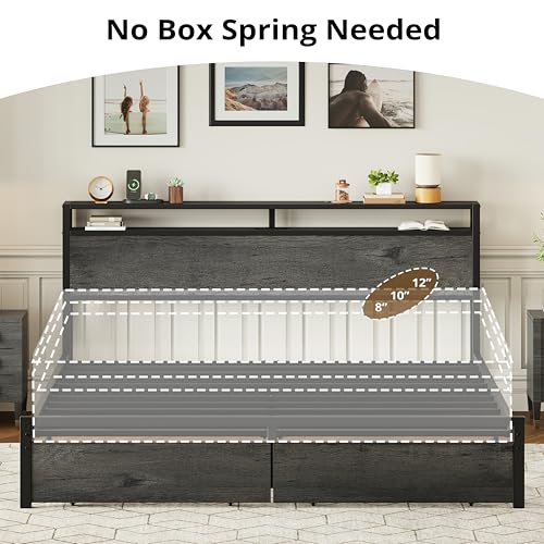 LIKIMIO King Bed Frame with Storage Headboard and Charging Station, Vintage Brown X317