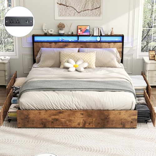 Queen Size Bed Frame with 4 Storage Drawers, LED, Charging Station, Gray L1115
