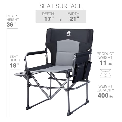 EVER ADVANCED Camping Directors Chair with Side Table, Portable Folding, Heavy Duty, Black T488