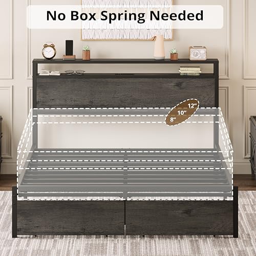 LIKIMIO King Bed Frame with Storage Headboard and Charging Station, Vintage Brown X317