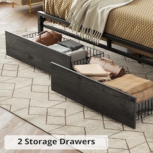 LIKIMIO King Bed Frame with Storage Headboard and Charging Station, Vintage Brown X317