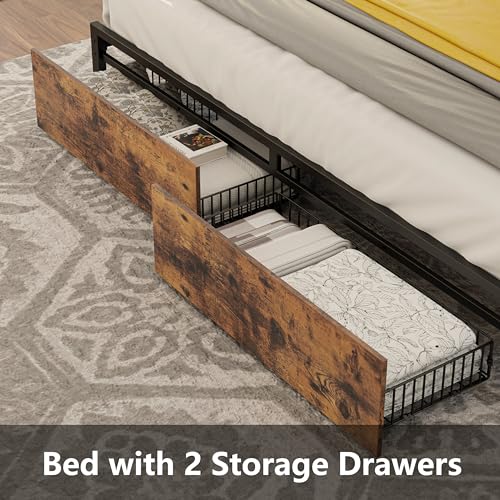 LIKIMIO King Bed Frame with Storage Headboard and Charging Station, Vintage Brown X317
