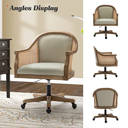 HULALA HOME Rattan Desk Chair, Upholstered Swivel Office Chair with Armrest, Ivory Z2505