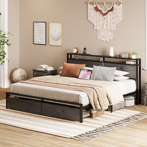 LIKIMIO King Bed Frame with Storage Headboard and Charging Station, Vintage Brown X317