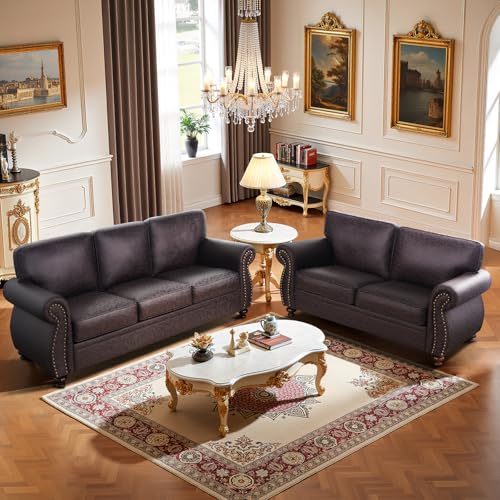 Mid-Century 3-Seater Sofa with Rivet Design, Removable Cover and Solid Wood Frame I150