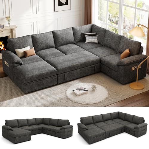 108 Inch U-Shaped Sectional Sleeper Sofa with Pull Out Bed, Dark Grey J60928