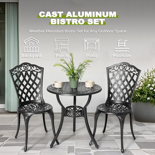 NUU GARDEN 3 Piece Cast Aluminum Bistro Set with Umbrella Hole, Black N80118
