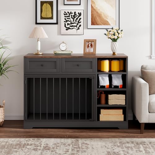 IDEALHOUSE 47" Large Dog Crate Furniture with 2 Drawers, Wooden Kennel for Medium Large Dogs, Black W8906