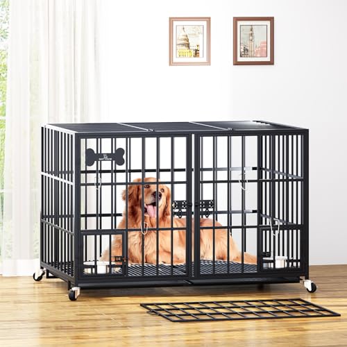 aboxoo 42/48 inch Heavy Duty Metal Dog Crate for Large Dogs with Wheels and Tray M5685