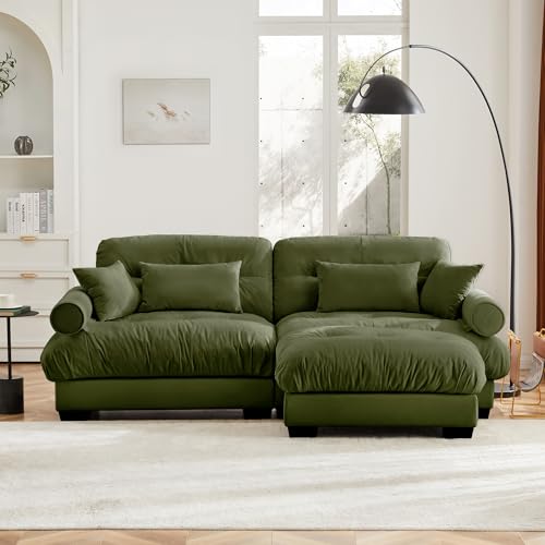 130" Modular Sectional Sofa with Movable Ottoman, Velvet Upholstered, Green Y4976