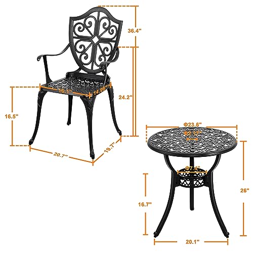 NUU GARDEN 3 Piece Cast Aluminum Bistro Set with Umbrella Hole, Black N80118