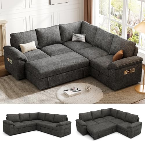 108 Inch U-Shaped Sectional Sleeper Sofa with Pull Out Bed, Dark Grey J60928