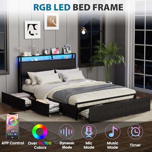 Full Size Bed Frame with Headboard, LED Lights, 4 Storage Drawers, Charging Station, Black C93321