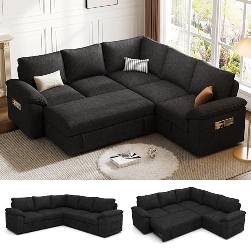 108 Inch Sectional Sleeper Sofa with Pull Out Bed, U Shaped 7 Seat Modular Sectional Sofa with Storage, Sectional Couches for Living Room, Cloud Modular Couch, Removable Sofa Cover, Dark Grey