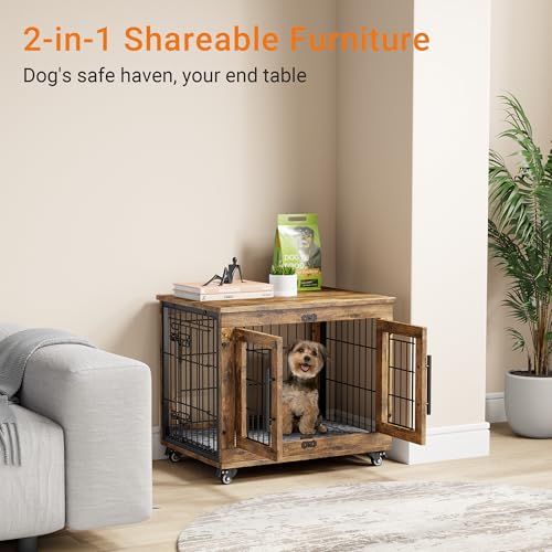 Lulive Dog Crate Furniture for Medium Dogs, 32" Wooden Kennel with Cushion & Wheels, Grey D230281