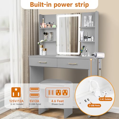 White Vanity Set with Lighted Mirror, Drawers and Stool V52922