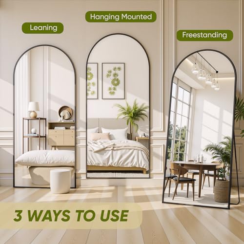 78" Oversized Arched Floor Mirror with Stand, Aluminum Frame, Black N18643