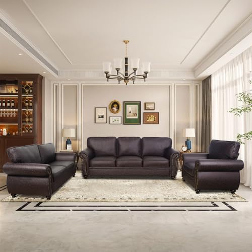 Mid-Century 3-Seater Sofa with Rivet Design, Removable Cover and Solid Wood Frame I150