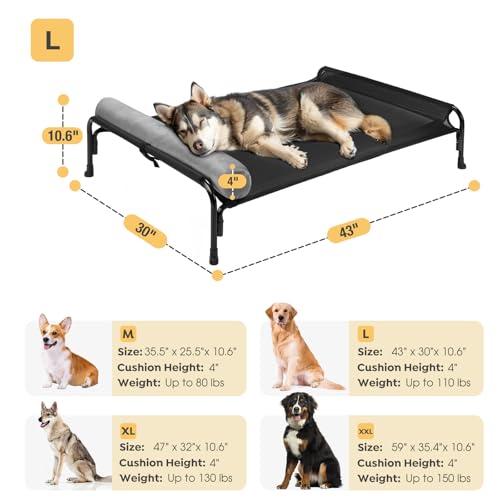 Veehoo Large Elevated Dog Bed, Outdoor Raised Cot with Removable Headrest, Breathable Washable Mesh R9070