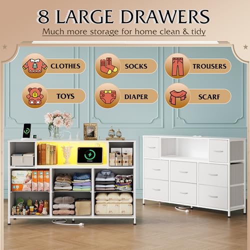 WLIVE Dresser for Bedroom with Charging Station and LED Lights, 8 Drawer R754