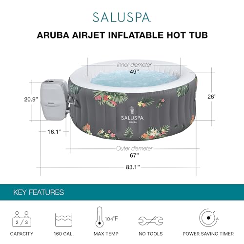Bestway SaluSpa Aruba AirJet Inflatable Hot Tub, 67 x 26 Inch Round Portable Spa with Cover, Gray S258640