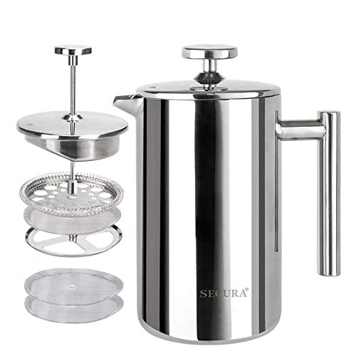 Secura French Press Coffee Maker, 34oz Stainless Steel Insulated, Silver W447