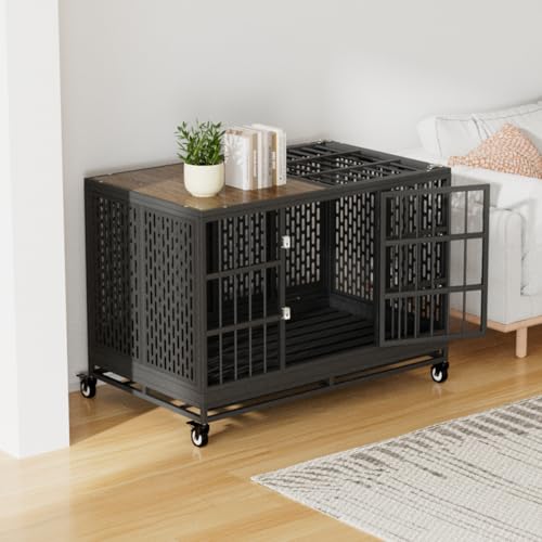 Heavy Duty Dog Crate with Wheels for Large Dogs, Folding Metal Cage with Removable Tray R395