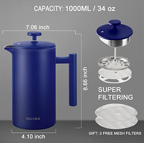 Secura French Press Coffee Maker, 34oz Stainless Steel Insulated, Silver W447