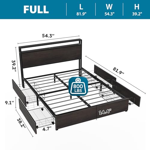 Full Size Bed Frame with Headboard, LED Lights, 4 Storage Drawers, Charging Station, Black C93321