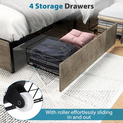 Queen Size Bed Frame with 4 Storage Drawers, LED, Charging Station, Gray L1115