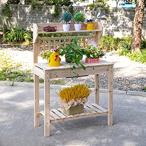 Outsunny Wooden Potting Bench Table with Sliding Tabletop and Storage Shelf M52235