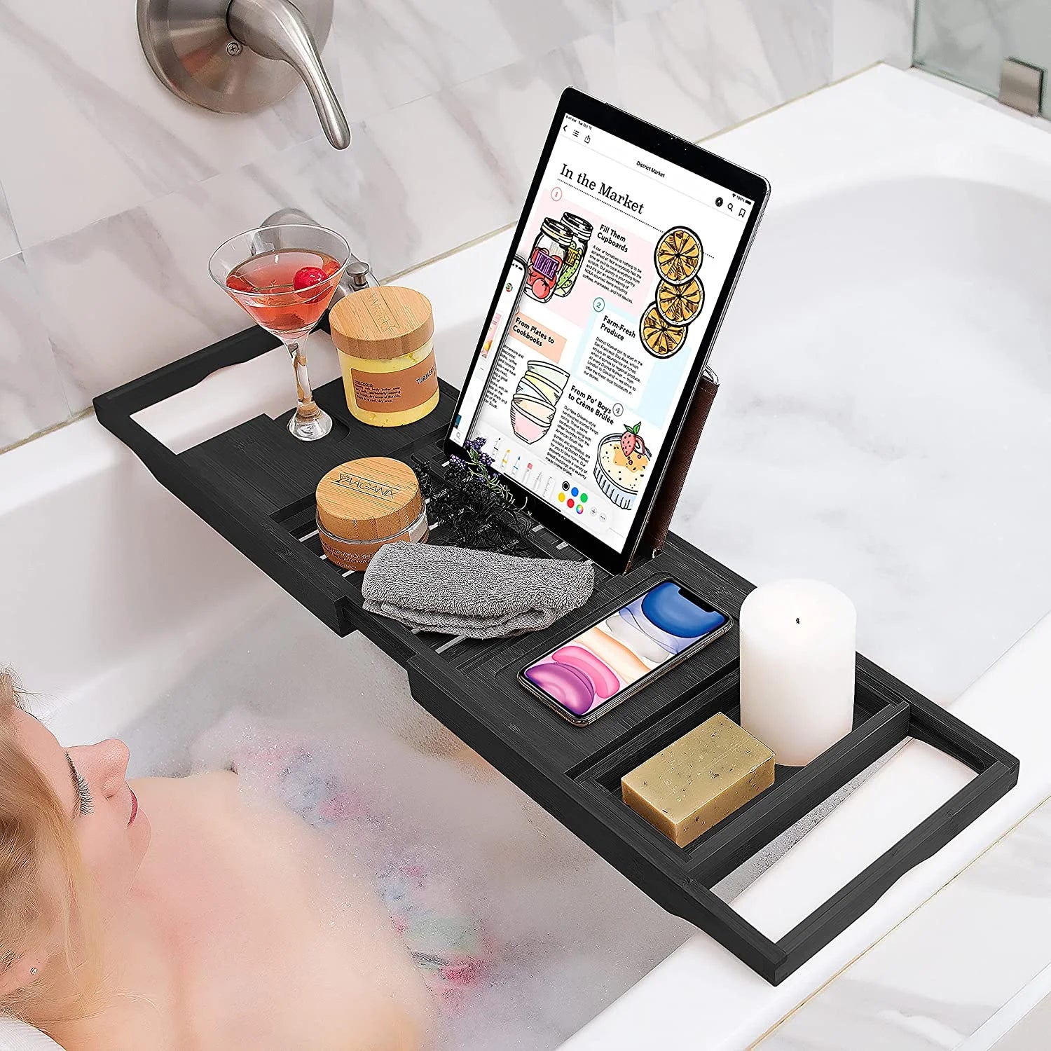 Bamboo Bathtub Tray Expandable Caddy with Tablet Holder (Black) K8281