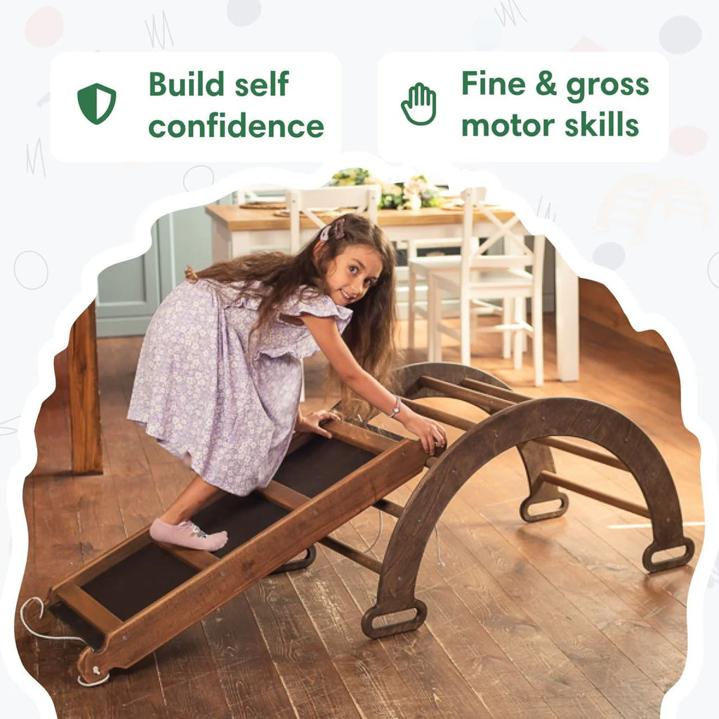 Montessori Wooden Foldable Indoor Playground with Climbing Arch, Slide Board & Spider Net for Kids K504037