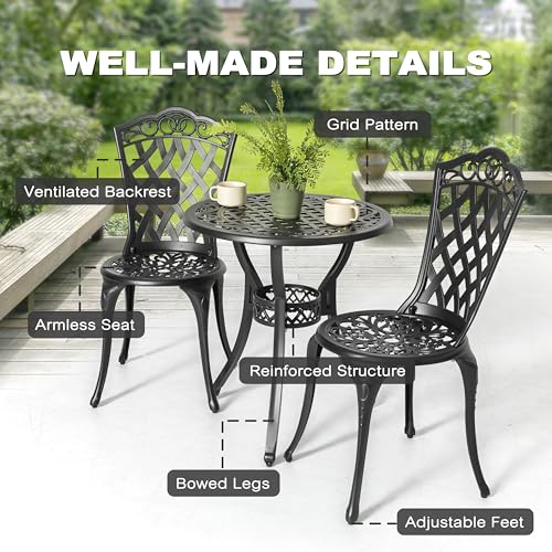 NUU GARDEN 3 Piece Cast Aluminum Bistro Set with Umbrella Hole, Black N80118