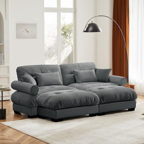130" Modular Sectional Sofa with Movable Ottoman, Velvet Upholstered, Green Y4976