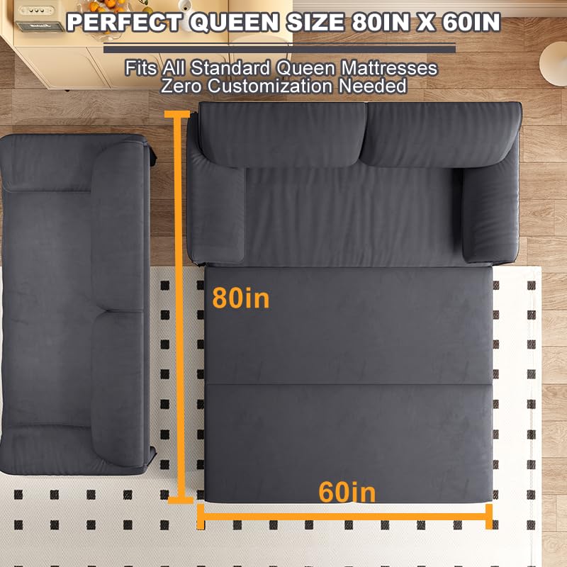 Queen Size Futon Sofa Bed with 2 Pillows, Blue V9731