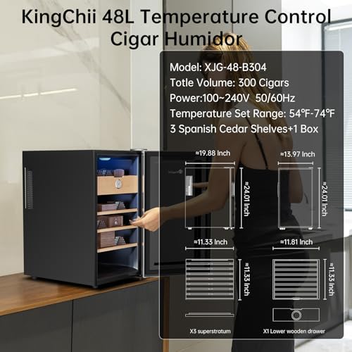 KingChii 16L Electric Cigar Humidor Cabinet with Temperature Control and Spanish Cedar Shelves H300