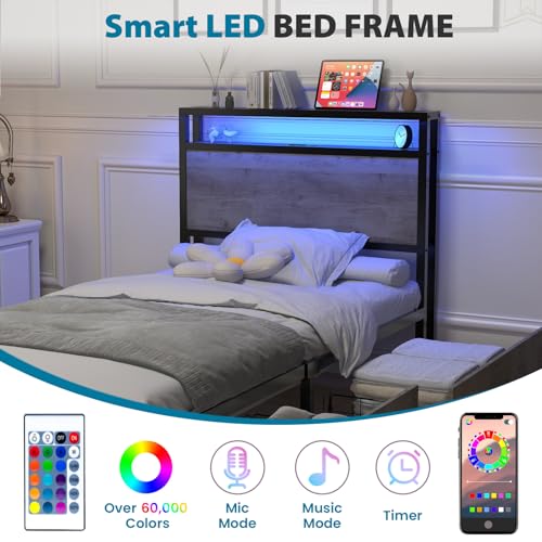 Queen Size Bed Frame with 4 Storage Drawers, LED, Charging Station, Gray L1115