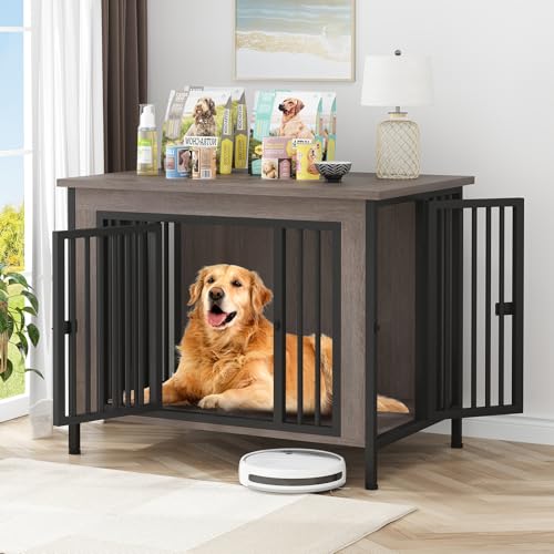 EasyCom XL Wooden Dog Crate Furniture for Medium and Large Breeds, 2 Doors A673