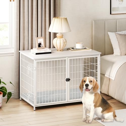Wooden Dog Crate Furniture with Cushion, Double Doors, Greige X29262