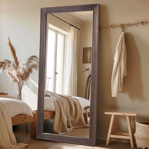 MELOMOIR Rustic Farmhouse Full Length Mirror, 64"x21" Wood Frame Floor Mirror, Free Standing Mirror Leaning Hanging Mirror, Long Mirror for Bedroom Living Room Cloakroom, Wood