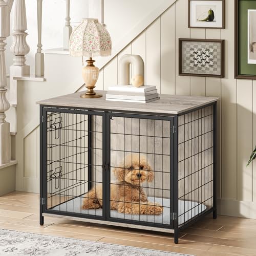 Wooden Dog Crate Furniture with Cushion, Double Doors, Greige X29262