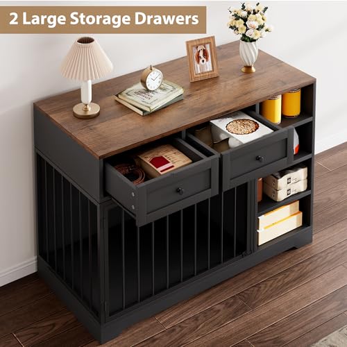 IDEALHOUSE 47" Large Dog Crate Furniture with 2 Drawers, Wooden Kennel for Medium Large Dogs, Black W8906