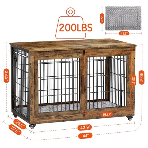 Lulive Dog Crate Furniture for Medium Dogs, 32" Wooden Kennel with Cushion & Wheels, Grey D230281